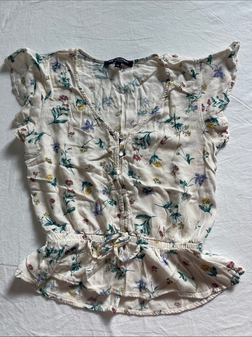 Floral Tie-Waist Ruffle Blouse - Cream